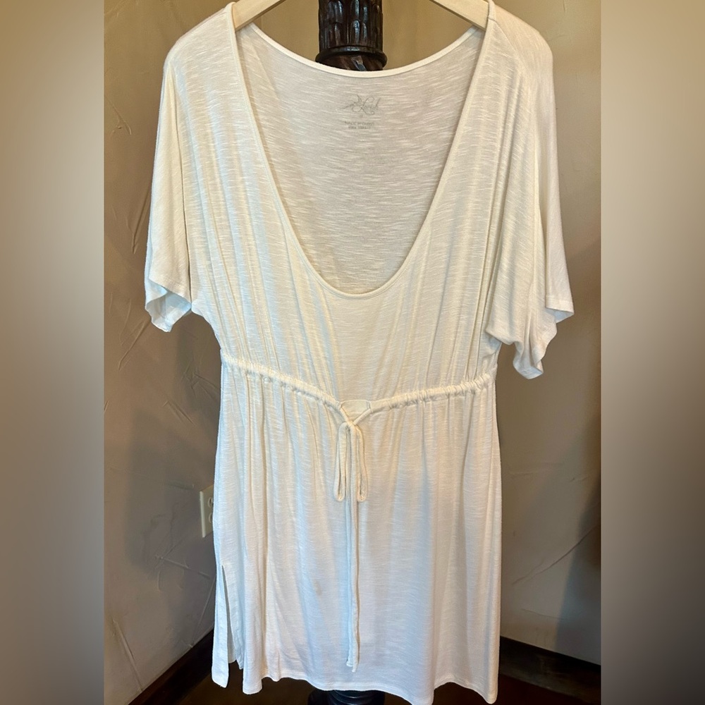 White Drawstring Waist Midi Swimsuit Cover Up Deep Scoop Neckline.